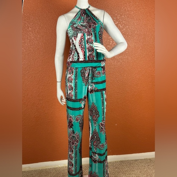 Flirty Pink Women's Paisley Jumpsuit in Teal and Pink Size Small. B32 - Picture 3 of 15